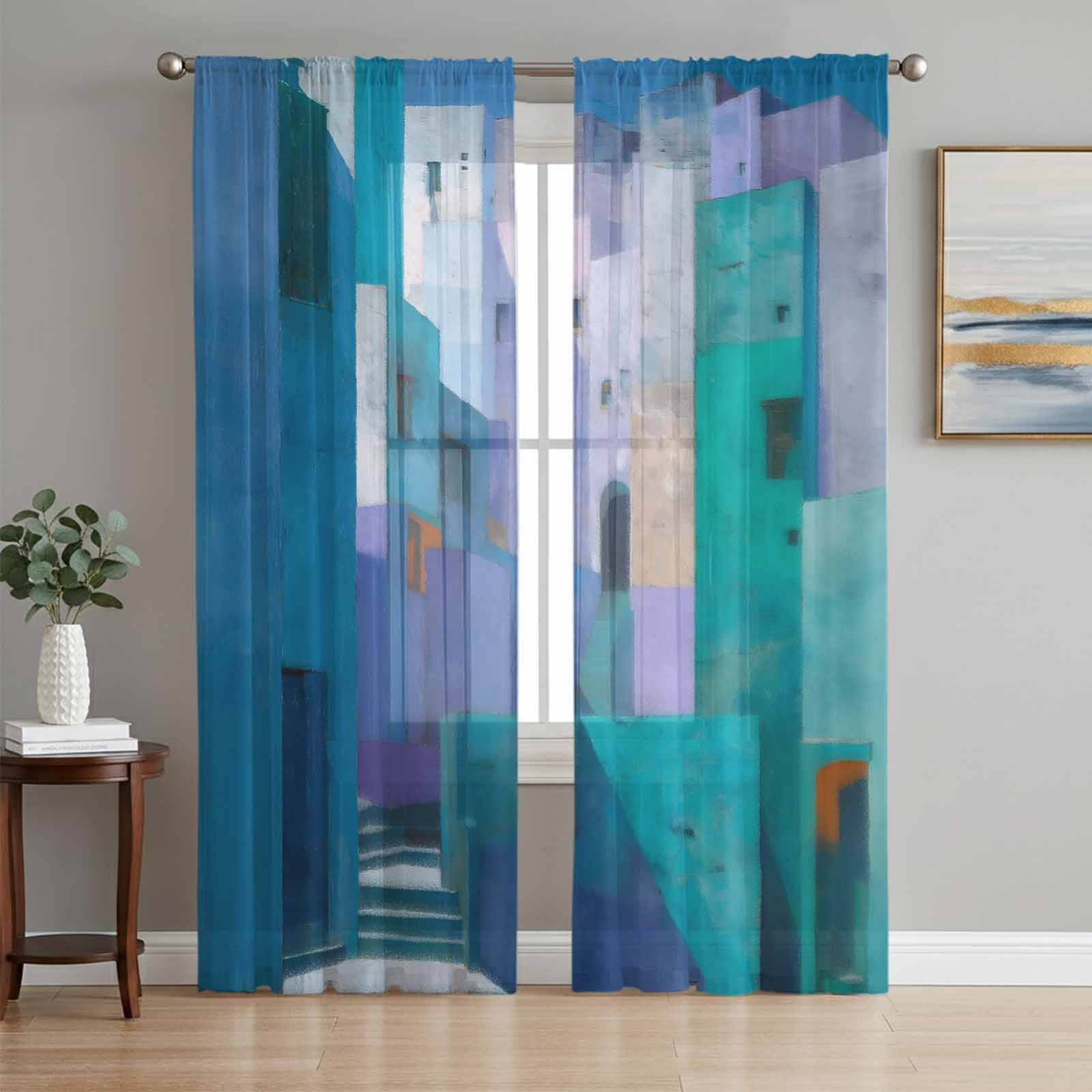 Abstract Blue Sheer Curtains 108 Inch Length 2 Panels Set Window ...