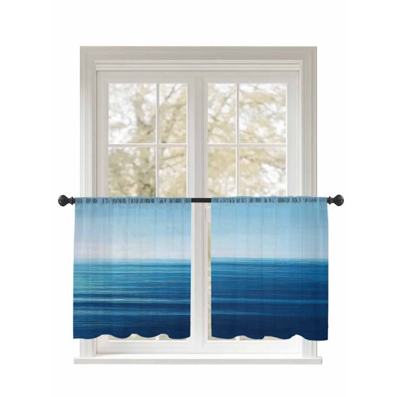 Abstract Blue Sheer Curtains 45 Inch Long 2 Panels, Sea Gradient Horizon Waves Blue Sky Scenery Light Filtering Rod Pocket Semi Sheer Curtains, Sheer Voile Drapes for Living Room Bedroom, 52"x45"
