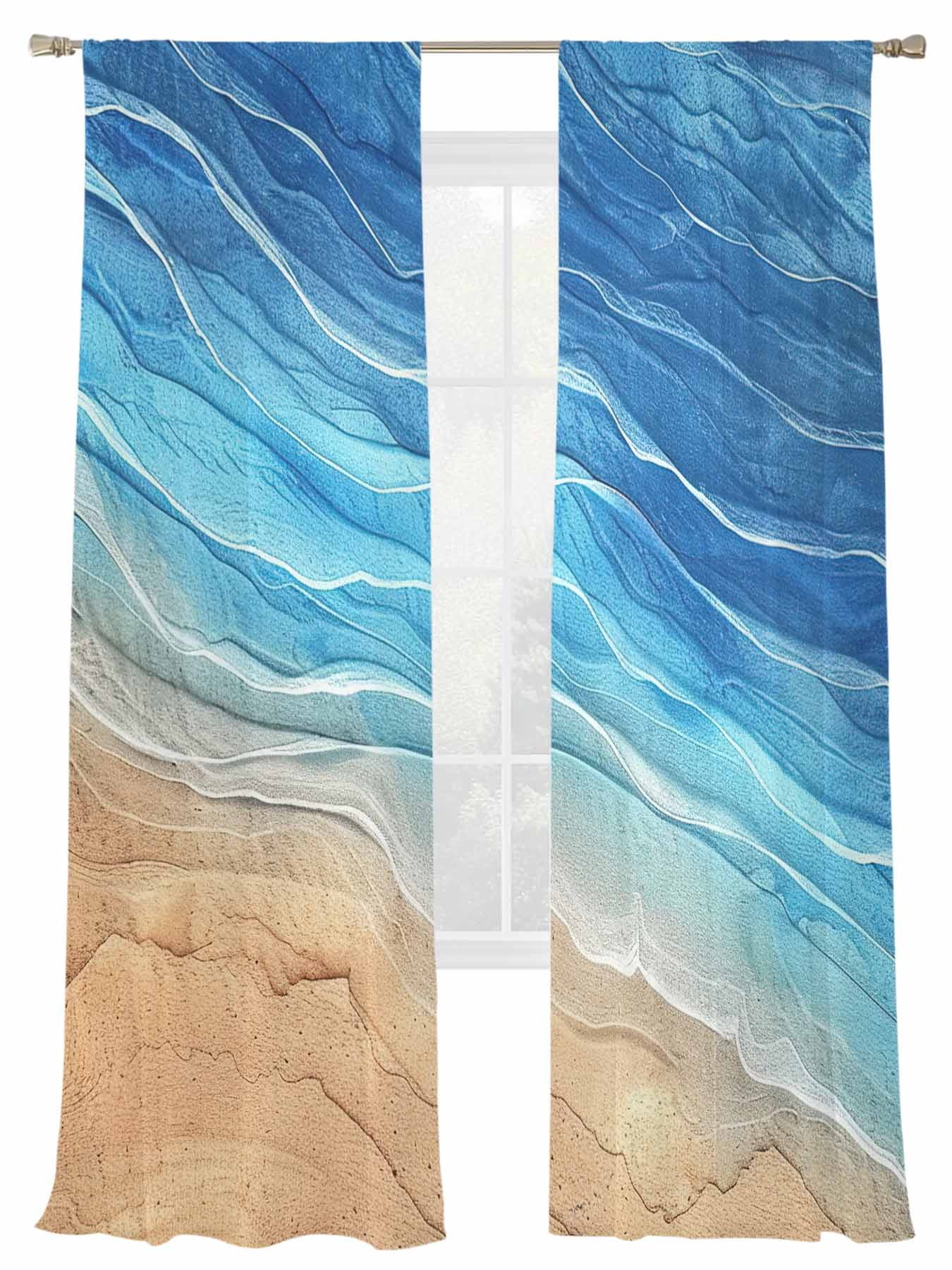 Abstract Blue Sheer Curtains 84 inches Long 2 Panels Set Ocean Beach ...
