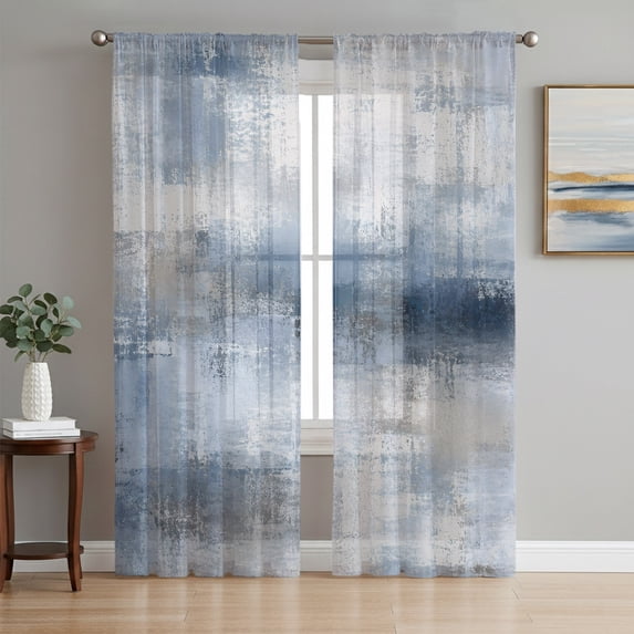 Abstract Blue Sheer Curtains 96 Inch Length 2 Panels Set, Modern Oil Painting Color Blocks Artwork Voile Window Treatment Semi Sheer Long Curtains Drapes for Bedroom/Living Room/Kitchen 52"x96"x2