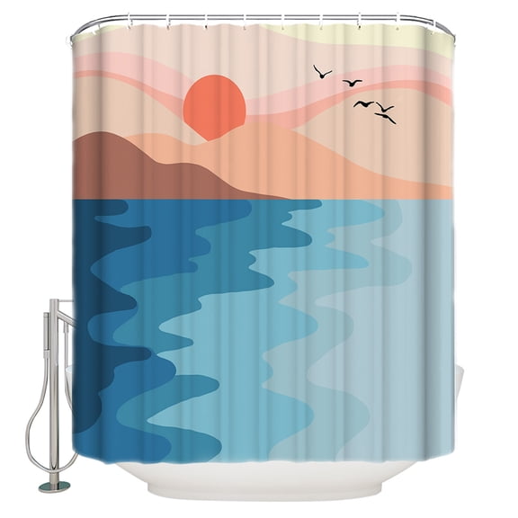 Abstract Blue Shower Curtain, 66" x 72", Ocean Pink Mountain Sun at Sunset Waterproof Bathroom Curtain Washable Shower Curtain Set with 12 Hooks