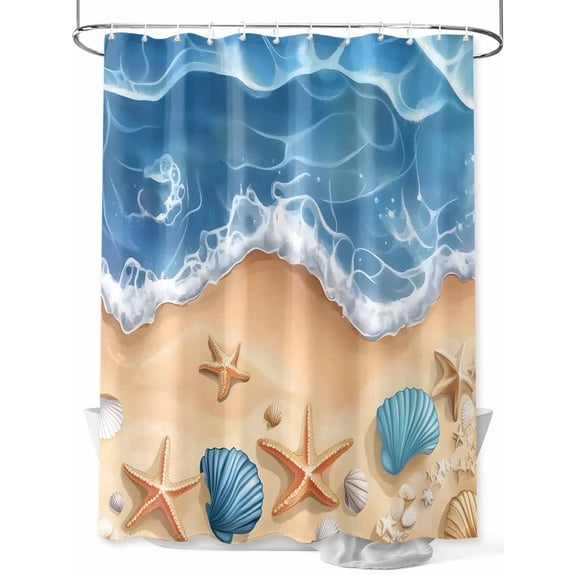 Abstract Blue Shower Curtain, Beach Starfish Seashell Sand Ocean Waves Waterproof Shower Curtain Set with 12 Hooks Lightweight Washable Fabric Shower Curtains for Bathroom 48x72 Inches