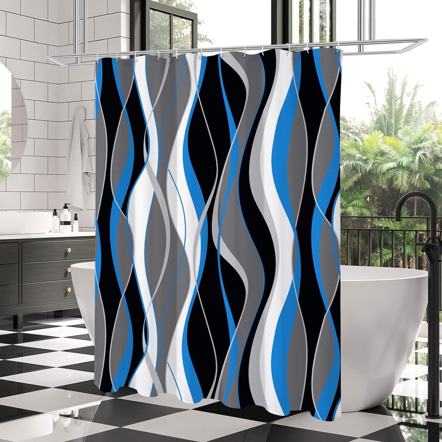 Abstract Blue Shower Curtain, Black and Grey Modern Bathroom Decor Accessories, Waffle Weave Textured Fabric Shower Curtain Set with Hooks, 72x72