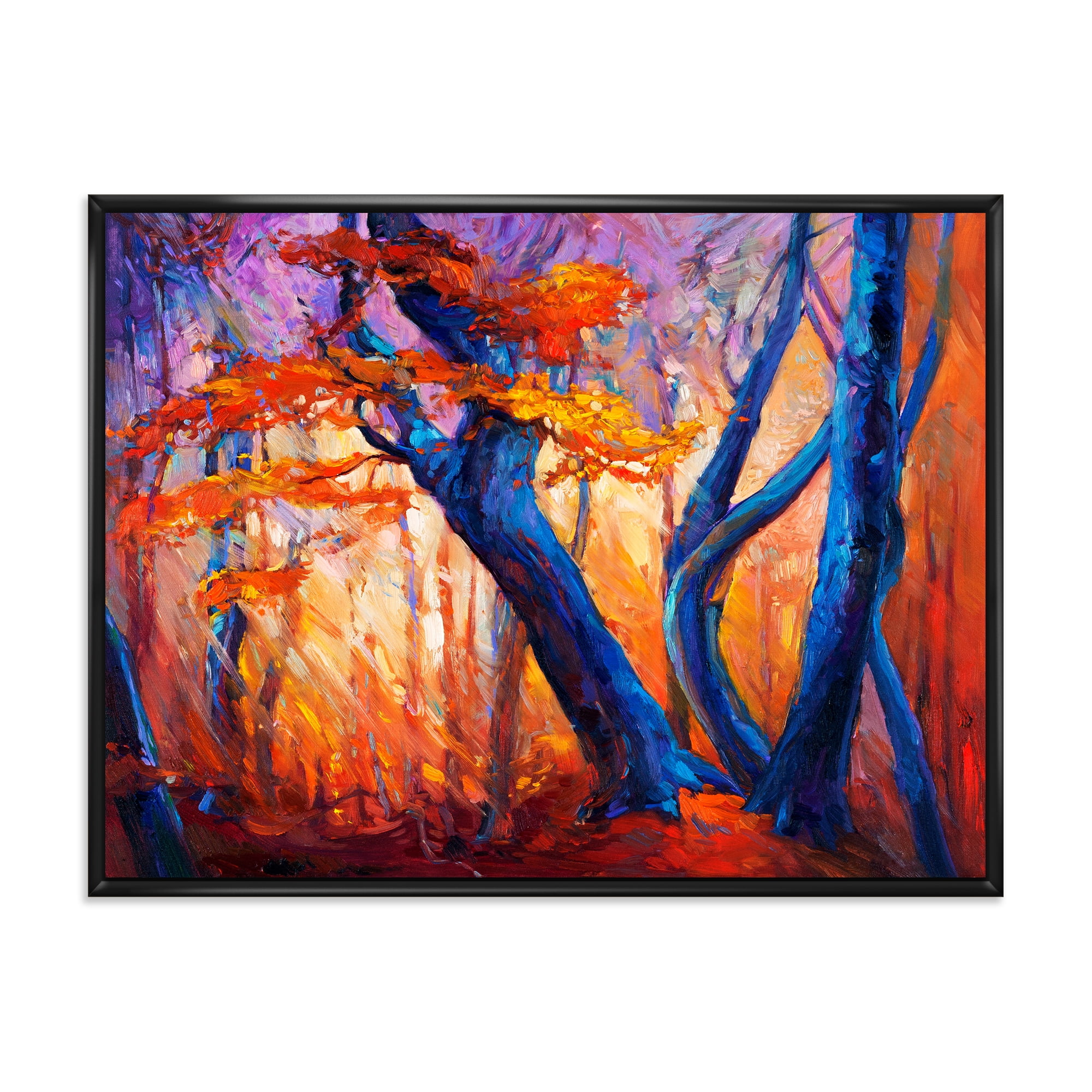 Abstract Blue Silhouettes Of Trees In Orange Autumn Forest 40 in x 30 in Framed Painting Canvas Art Print, by Designart