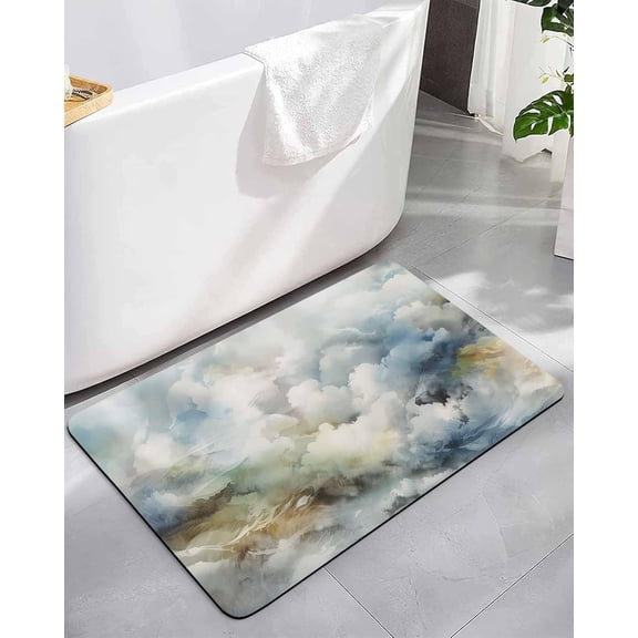 Abstract Blue Sky White Cloud Bathroom Rug Diatomaceous Earth Bath Mat,Absorbent Shower Mat Non-Slip Doormat for Kitchen Bedroom, Mountain Nubilous Landscape Diatomite Stone Mats 16x24in