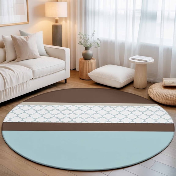 Abstract Blue Small Round Rug 3Ft Brown Stripes Moroccan Geometric Modern Retro Area Rugs Washable Non Slip Indoor Floor Mats Circle Carpet for Living Room Bedroom Dining Room Home Decor