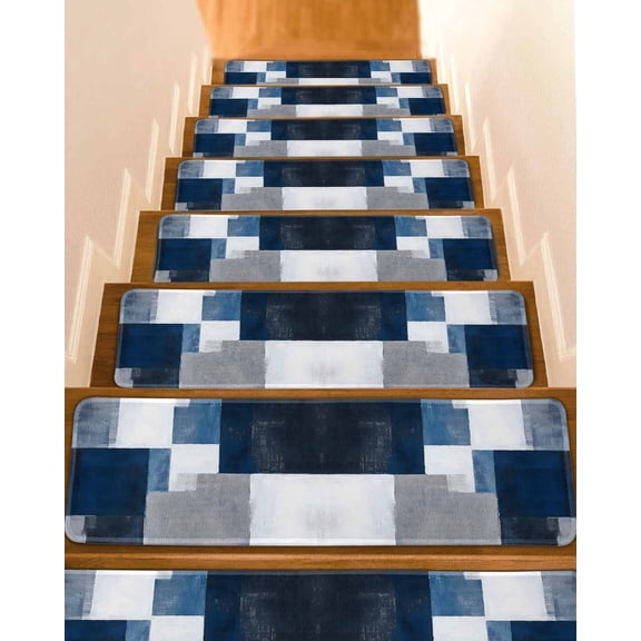 Abstract Blue Stair Treads for Wooden Steps Indoor Runner Rug Carpet, Vintage Grey White Mottled Paint Art 7 Pieces Peel and Stick Staircase Step Treads Covers Washable Throw Door Mats, 30"x8"