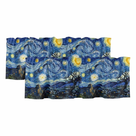 Abstract Blue Starry Sky 2 Panels Kitchen Valance, Town Tree House Oil Painting Curtains Valances for Small Windows Rod Pocket Window Treatments for Living Room Bedroom 42"W x 12"L