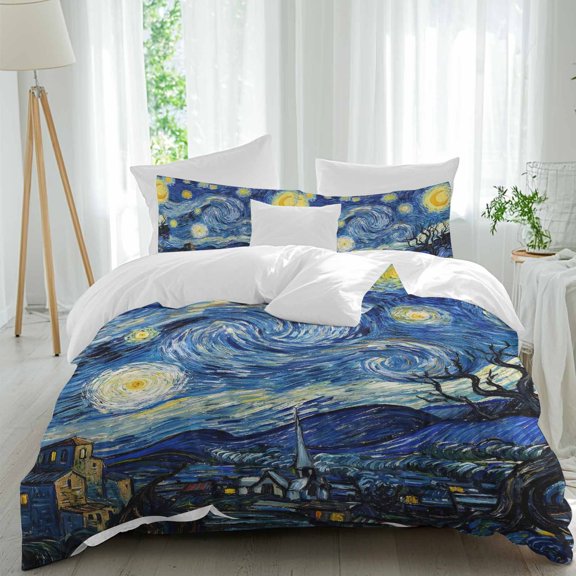 Abstract Blue Starry Sky Full Duvet Cover Set, Town Tree House Oil Painting 4 Piece Microfiber Bedding Set with Zipper Closure, Bed Sheet and 2 Pillow Shams, Soft Bedding Cover
