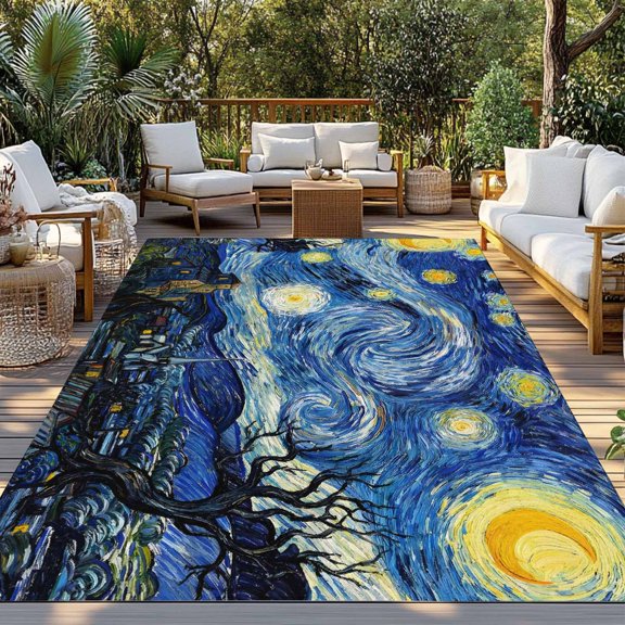 Abstract Blue Starry Sky Indoor Outdoor Rugs 4x6 Ft, Town Tree House Oil Painting Outdoor Patio Rugs Mat Washable Outside Area Rugs Carpet for Porch Deck RV Camping Pool Balcony Backyard