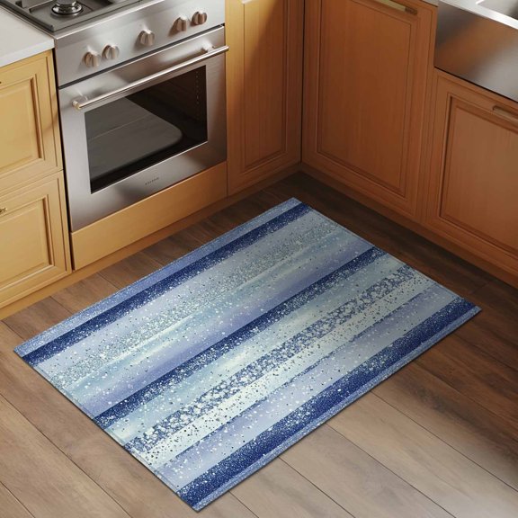 Abstract Blue Stripe 2x3 Rug for Entryway Front Door Kitchen Sink Area, Navy Stripes Sequins Celebration Low Pile Washable Non Slip Rectangle Area Rug
