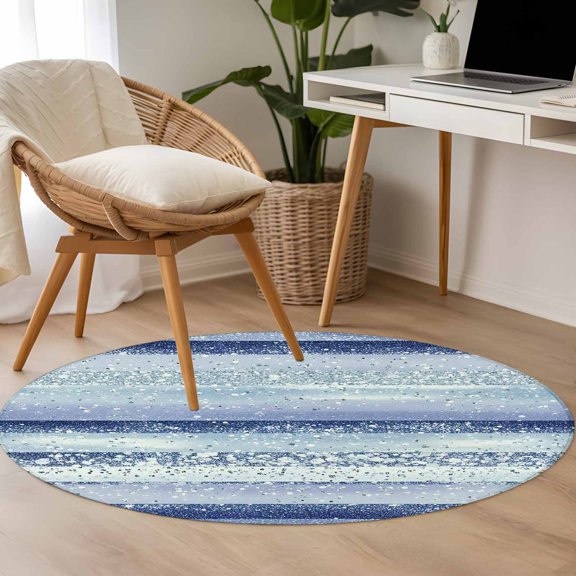Abstract Blue Stripe 3.3ft Round Rug for Bedroom Reading Corner, Navy Stripes Sequins Celebration Washable Non Slip Circle Area Rug