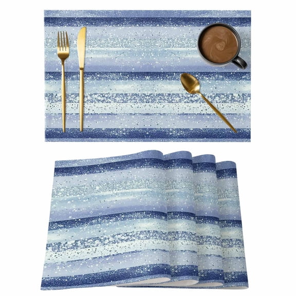 Abstract Blue Stripe Cotton Linen Placemats Set of 2, Navy Stripes Sequins Celebration Washable Table Place Mats Heat Insulating Placemat for Dining Room Kitchen Daily Use 13 x 19 Inch
