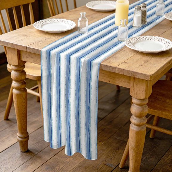 Abstract Blue Stripes 4.5ft Cheesecloth Table Runner for Wedding 19"x55", Minimalist Faded Denim Striped Country Kitchen Dinner Sheer Tulle Chiffon Dresser Scarf, Holiday Party Decorations
