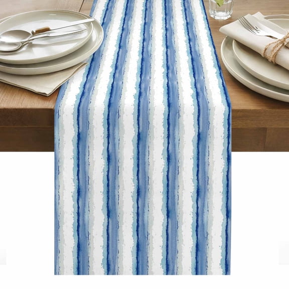 Abstract Blue Stripes Cotton Linen Table Runner Minimalist Faded Denim Striped Country Dining Table Runners for Home Decor Party Dining Room Restaurant Kitchen Party 13" x 48"