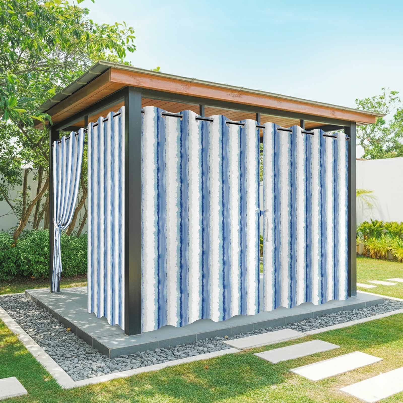 Abstract Blue Stripes Outdoor Curtains for Patio, Minimalist Faded Denim Striped Country Sunshade Privacy Drapes Grommet Waterproof Outside Curtains for Porch/Cabana/Balcony 54"x 108", 1 Panel