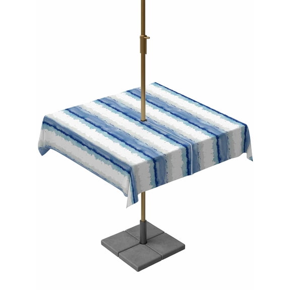 Abstract Blue Stripes Outdoor Rectangle Tablecloth with Umbrella Hole 54"x54", Minimalist Faded Denim Striped Country Waterproof Zippered Table Cloth Wrinkle Free Wipeable Desk Covers for Patio Party