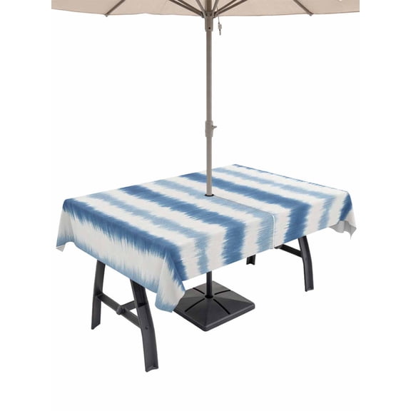 Abstract Blue Stripes Outdoor Rectangle Tablecloth with Umbrella Hole 60"x84", Rustic Navy Denim Striped Classic Waterproof Zippered Table Cloth Wrinkle Free Wipeable Desk Covers for Patio Party