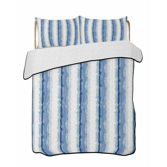 Abstract Blue Stripes Quilts Bedding Set King Size Minimalist Faded Denim Striped Country Lightweight Quilted Bedspread 3 Piece Bed Quilt with 2 Pillow Shams All Season for Bedroom 90" x 96"