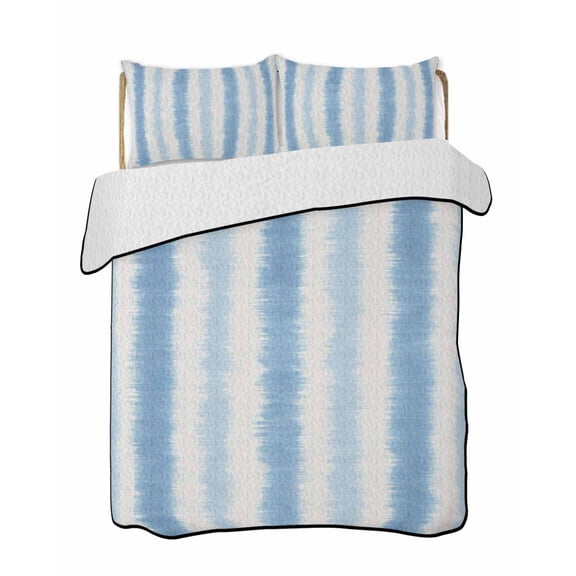 Abstract Blue Stripes Quilts Bedding Set King Size Rustic Watercolor Denim Striped Classic Lightweight Quilted Bedspread 3 Piece Bed Quilt with 2 Pillow Shams All Season for Bedroom 90" x 96"