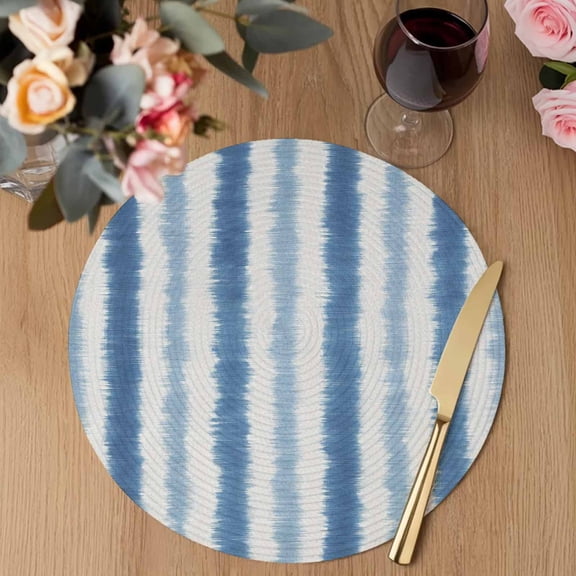 Abstract Blue Stripes Round Braided Placemats Set of 2, Rustic Navy Denim Striped Classic Heat Insulation Place Mats Washable Non-Slip Table Mats for Kitchen Dining Party, 13 Inches