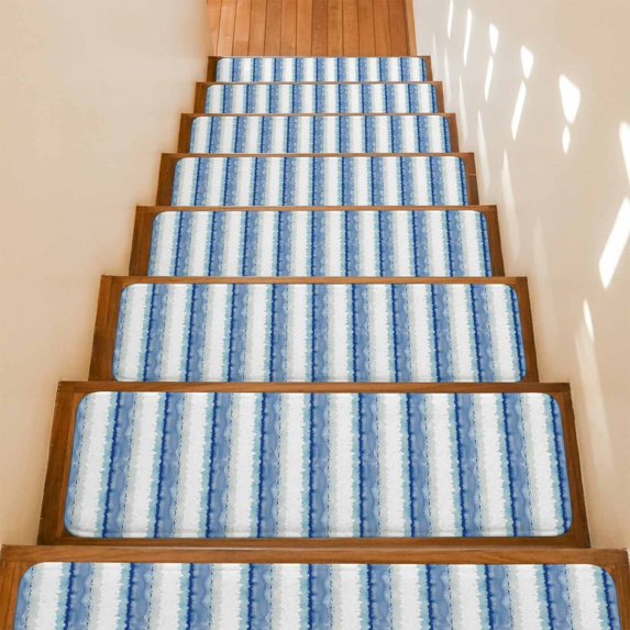 Abstract Blue Stripes Stair Treads Non Slip for Steps Minimalist Faded Denim Striped Country 15 Pcs Reusable Adhesive Stair Runner Mats for Dogs Elders Carpet Treads Rugs for Staircase 8x30 In