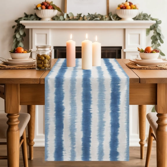 Abstract Blue Stripes Table Runner, Rustic Navy Denim Striped Classic Washable Cotton-linen Table Runners Dining Kitchen Decoration for Everyday Home Wedding Party Decor, 18 x72 Inch