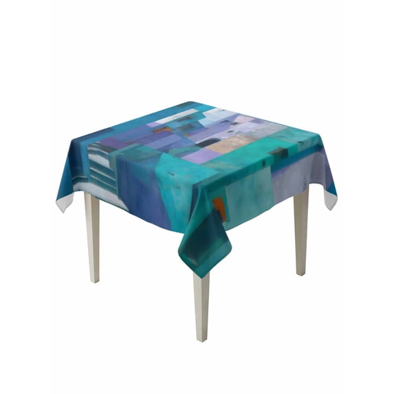 Abstract Blue Suqare Tablecloth - 54 x 54 Inch, Painting Buildings Geometric Color Block Waterproof & StainResistant Tablecloth, Washable Oil-proof Table Cover for Dining/Party/Wedding/Camping/Buffet