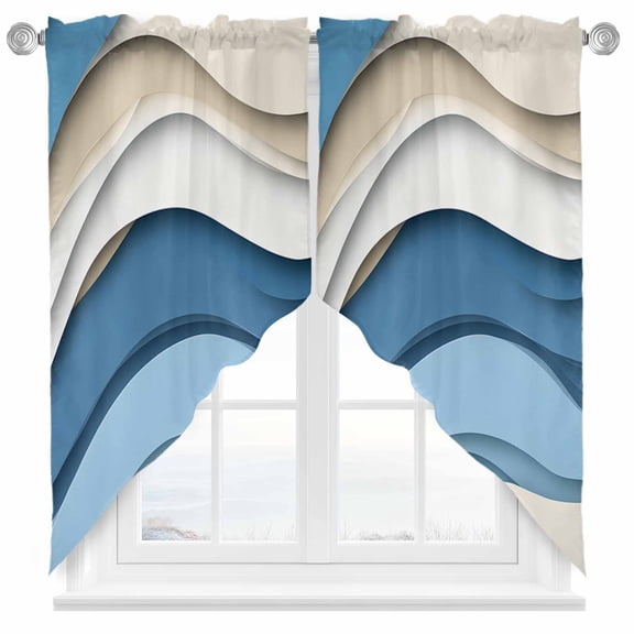 Abstract Blue Swag Curtain Valance for Windows, Brown Water Ripple Ombre Wave Stripe Modern Window Treatments Short Swag Topper for Kitchen Windows Bathroom Bedroom, 36"x36"