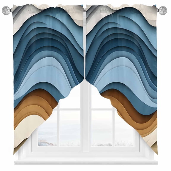 Abstract Blue Swag Curtain Valance for Windows, Brown Wave Stripe Ombre Water Ripple Modern Window Treatments Short Swag Topper for Kitchen Windows Bathroom Bedroom, 36"x45"