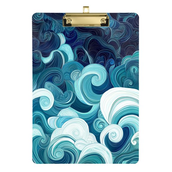 Abstract Blue Swirls Acrylic Clipboard Drawing Board with Hook Writing Pad File Storage A4 Size Gold 12.5" x 9"