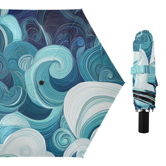Abstract Blue Swirls All Weather Umbrella Triple Folding Parasol 6 Ribs UV Protection Portable