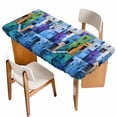 thumbnail image 1 of Abstract Blue Table Cloths for 5 Foot Rectangle Tables, Painting Buildings Geometric Modern Art Patio Waterproof Elastic Fitted Tablecloths, Washable Rectangular Table Cover for Camping, 1 of 8