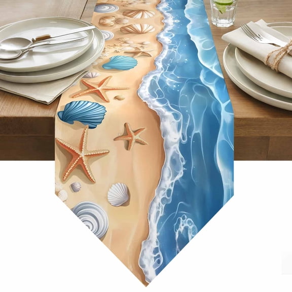 Abstract Blue Table Runner 36 Inches Long Beach Starfish Seashell Sand Ocean Waves Table Runners for Dining Room Tabletop Dresser Scarf Home Party Banquet Wedding Holiday Decoration