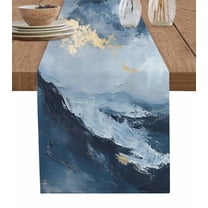 Abstract Blue Table Runner-Cotton Linen- 48 Inch Holiday Dresser Scarves, Modern Minimalist Ombre Ocean Wave Art Tablerunner for Kitchen Coffee/Dining Bedroom Living Room Dinner Scarf Décor 13x48