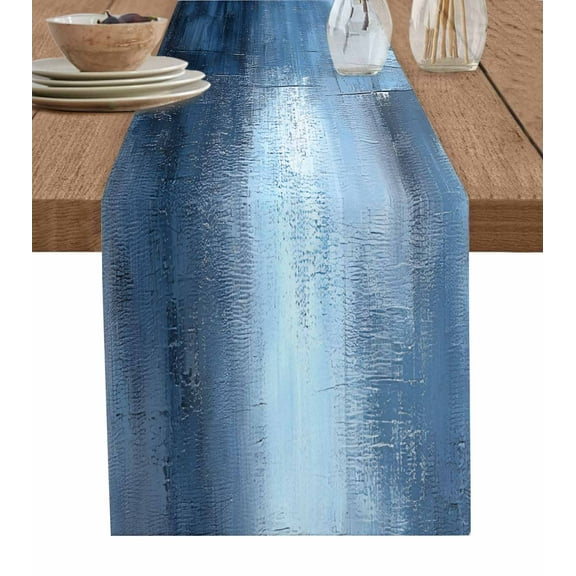 Abstract Blue Table Runner-Cotton Linen- 72 Inch Holiday Dresser Scarves, Neutral Textured Modern Minimalist Prints Tablerunner for Kitchen Coffee/Dining Bedroom Living Room Dinner Scarf Décor 13x72