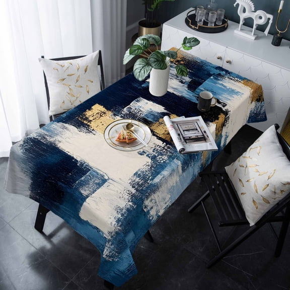 Abstract Blue Tablecloth Rectangle Table Cloth 60x120 , Waterproof Tablecloth Outdoor Table Cloth, Splatter Foil Painting Grunge Modern Art Washable Table Cover for Kitchen Dining Party