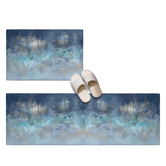 Abstract Blue Teal 2 Pieces Non-Slip Kitchen Mat Set, Vintage Palette Knife Textured Impasto Soft Door Mat with Rubber Backing, Dirtproof Rugs for Entrance Doorway, 23.6x35.4in+23.6x70.9in