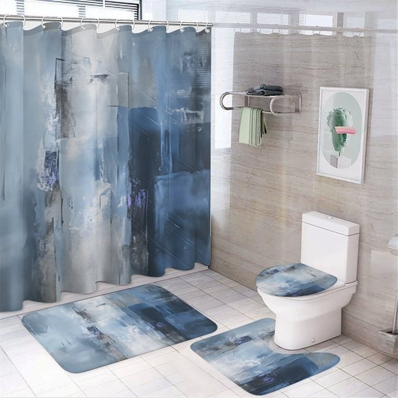 Abstract Blue Texture Art Shower Curtain Bathroom Sets Toilet Lid Rug, Rugs Mat Bath Mat And Contour Mat, Shower Curtain 4Pcs