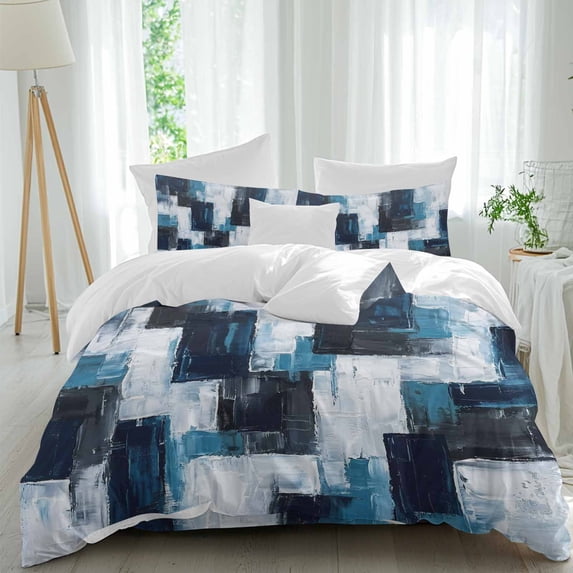 Abstract Blue Twin Duvet Cover Set, Black White Color Block Geometric ...