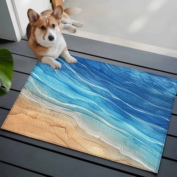 Abstract Blue Washable Area Rug 2x3 Ocean Beach Waves Lines Gradient Low-Profile Area Rugs with Non Slip Backing Indoor Floor Carpet for Entrance Living Room Bedroom Home Office