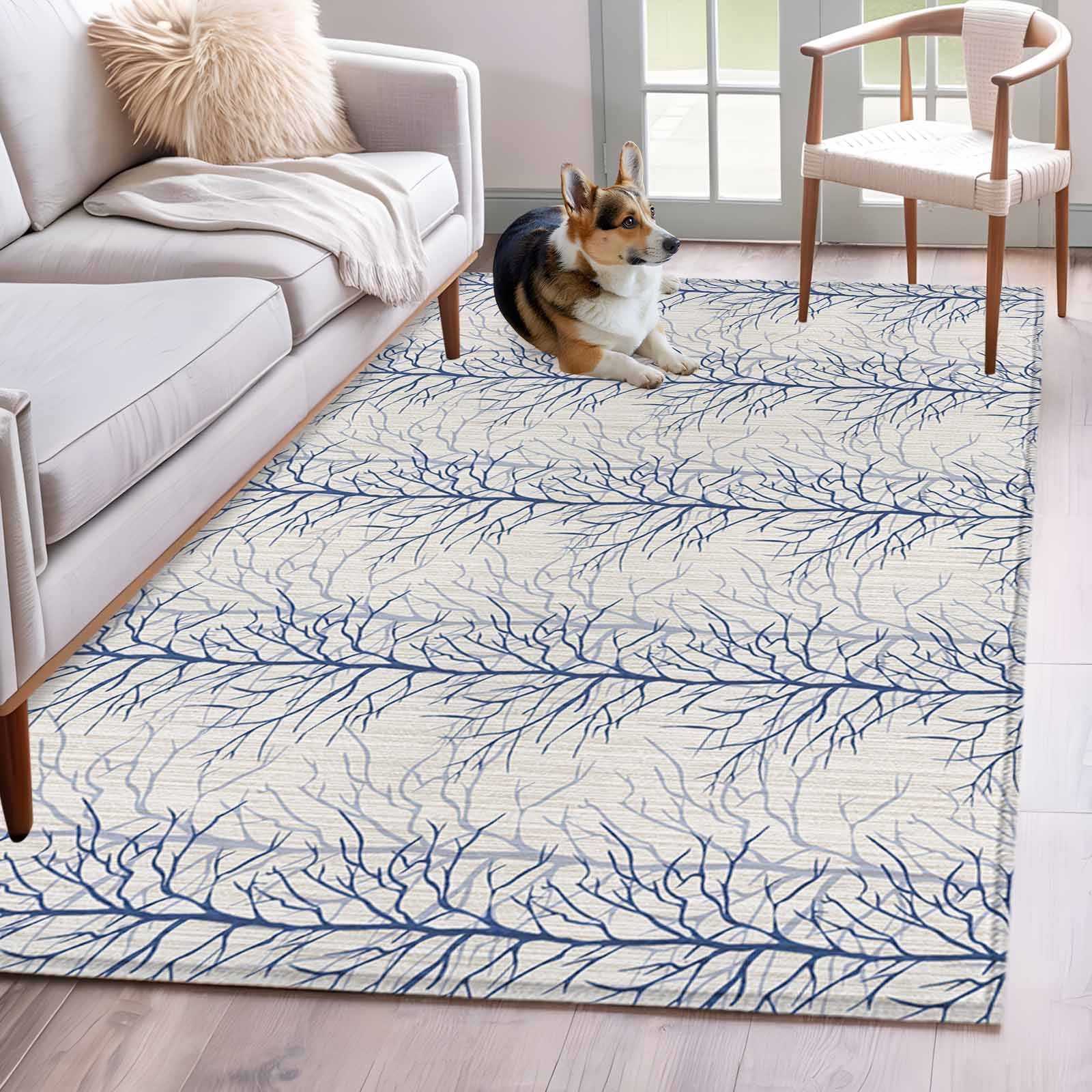 Abstract Blue Washable Area Rug 4x6 Tree Branch Pattern Low-Profile ...