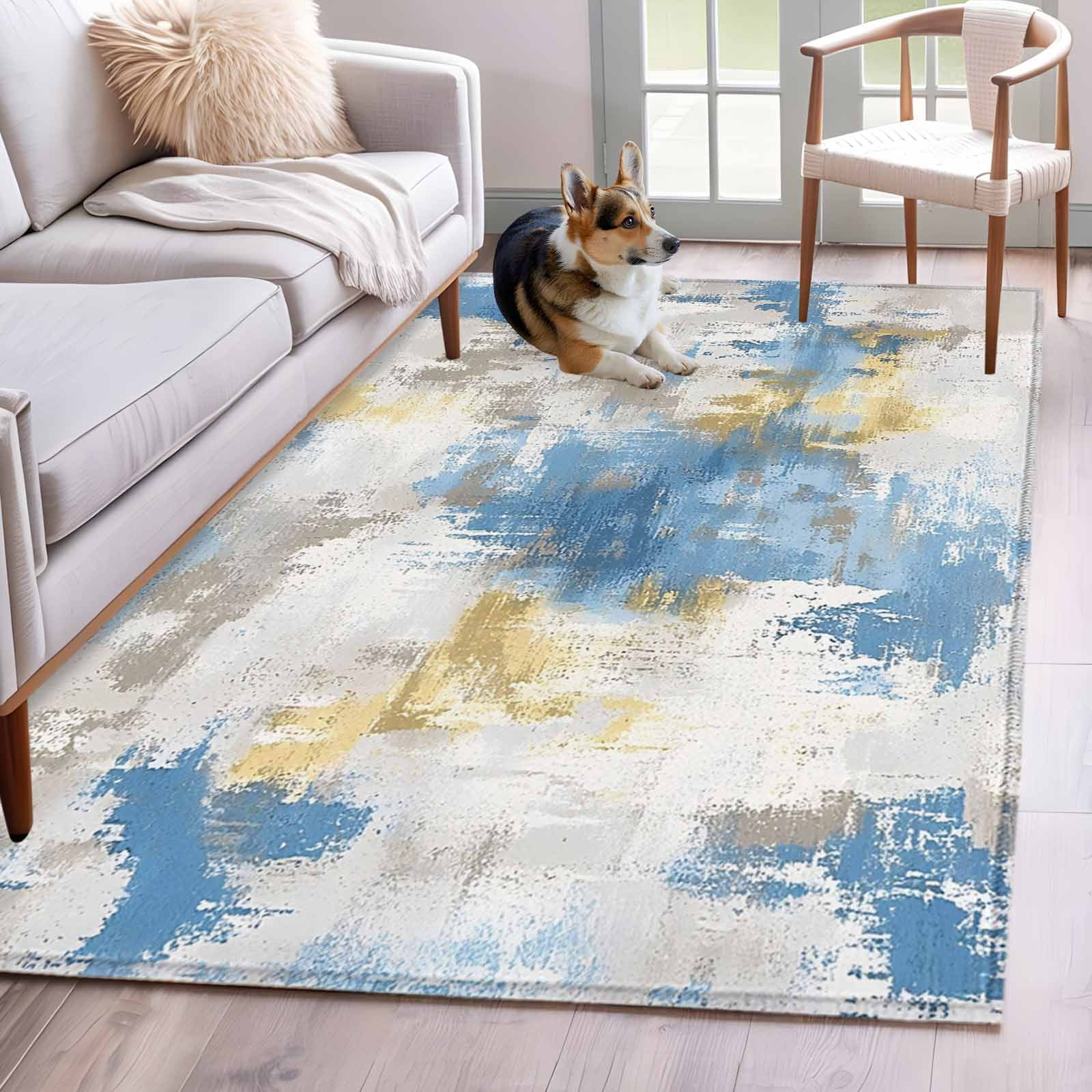 Muttled Rug Abstract Blue Washable Area Rugs 4'x6', Yellow Gray Mottled Texture ...