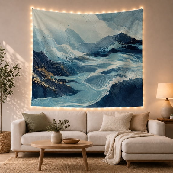 Abstract Blue Watercolor Ocean Waves in Flowing Bands, Calming Coastal Art for Ocean Lovers, Nature Inspired Wall Decor, Housewarming Gift Tapestry Wall Hanging for Bedroom, Living Room
