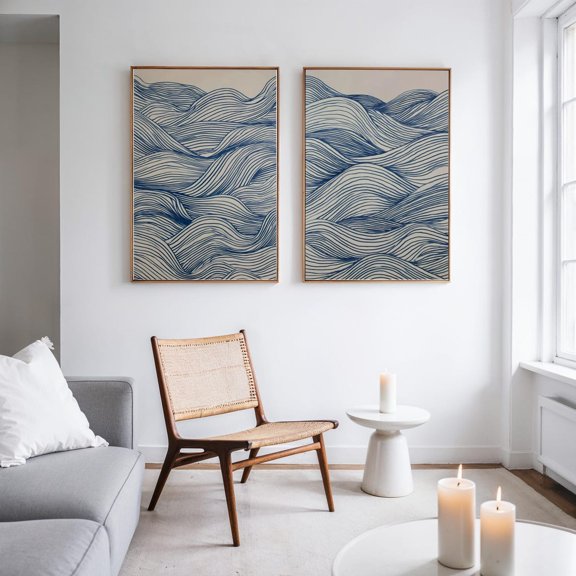 Abstract Blue Wave Line Art Neutral Minimalist Ocean Lines Set 2 Stretched Canvas 12x18