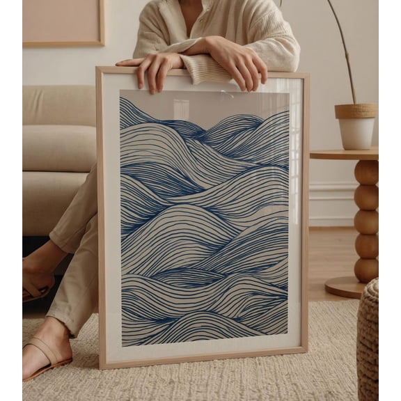 Abstract Blue Wave Line Ocean Wall Art Print, Unframed Paper Poster 8x10in