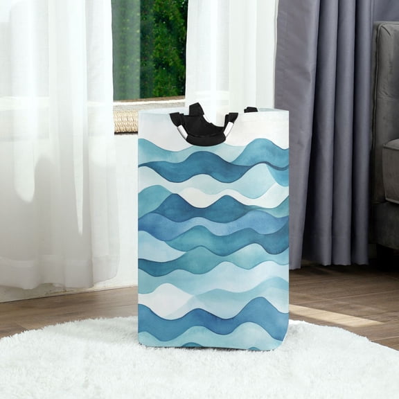 Abstract Blue Wave Pattern Foldable Laundry Hamper 12.6x11x22.7in with Handles for Bathroom Bedroom Storage