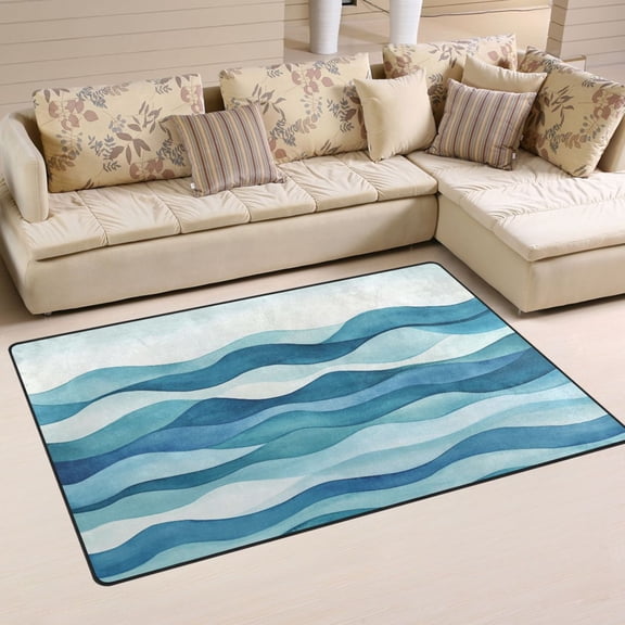 Abstract Blue Wave Pattern Soft Polyester Area Rug 31''x20'', Non Slip, Memory Foam, Water Absorbent