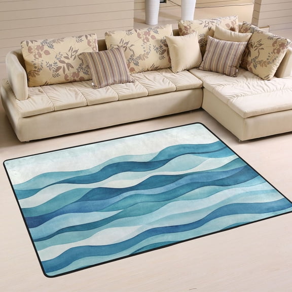 Abstract Blue Wave Pattern Soft Polyester Area Rug 36''x24'', Non Slip, Memory Foam, Water Absorbent