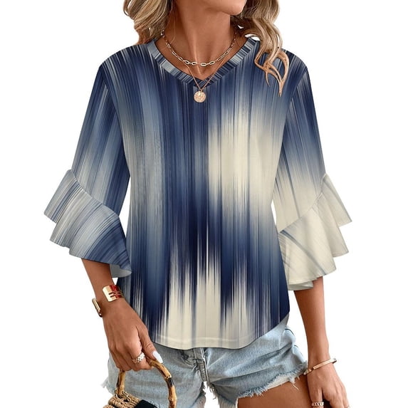 Abstract Blue Wave Pattern Women's V-Neck Blouse With 3/4 Ruffled Bell Sleeves Casual Top Ladies Blouses